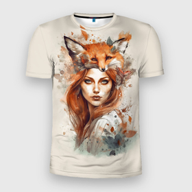 Мужская футболка 3D Slim с принтом Осенний портрет девушка лиса в Курске, 100% полиэстер с улучшенными характеристиками | приталенный силуэт, круглая горловина, широкие плечи, сужается к линии бедра | 