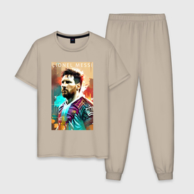 Мужская пижама хлопок с принтом Lionel Messi   football   striker в Петрозаводске, 100% хлопок | брюки и футболка прямого кроя, без карманов, на брюках мягкая резинка на поясе и по низу штанин
 | Тематика изображения на принте: 
