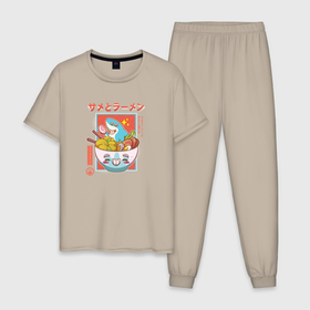 Мужская пижама хлопок с принтом Акула рамена в Тюмени, 100% хлопок | брюки и футболка прямого кроя, без карманов, на брюках мягкая резинка на поясе и по низу штанин
 | Тематика изображения на принте: 