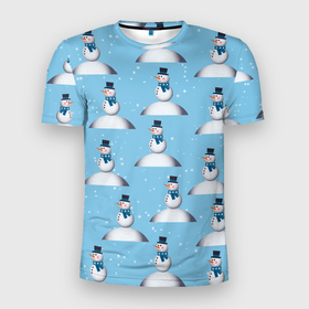 Мужская футболка 3D Slim с принтом Снеговик на сугробе в Санкт-Петербурге, 100% полиэстер с улучшенными характеристиками | приталенный силуэт, круглая горловина, широкие плечи, сужается к линии бедра | 