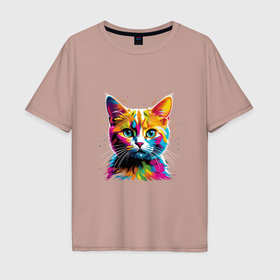 Мужская футболка хлопок Oversize с принтом Красочный кот в Курске, 100% хлопок | свободный крой, круглый ворот, “спинка” длиннее передней части | 