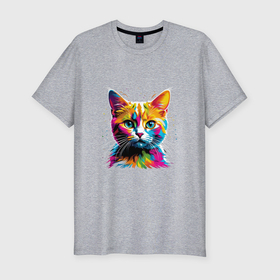 Мужская футболка хлопок Slim с принтом Красочный кот в Петрозаводске, 92% хлопок, 8% лайкра | приталенный силуэт, круглый вырез ворота, длина до линии бедра, короткий рукав | 