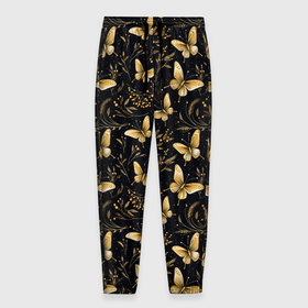 Мужские брюки 3D с принтом Золотые бабочки на черном фоне в Курске, 100% полиэстер | манжеты по низу, эластичный пояс регулируется шнурком, по бокам два кармана без застежек, внутренняя часть кармана из мелкой сетки | Тематика изображения на принте: 