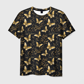 Мужская футболка 3D с принтом Золотые бабочки на черном фоне в Курске, 100% полиэфир | прямой крой, круглый вырез горловины, длина до линии бедер | Тематика изображения на принте: 