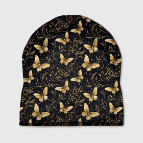 Шапка 3D с принтом Золотые бабочки на черном фоне в Курске, 100% полиэстер | универсальный размер, печать по всей поверхности изделия | Тематика изображения на принте: 
