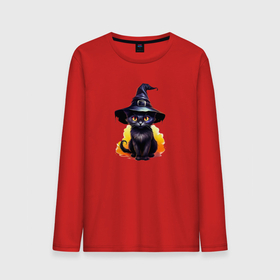 Мужской лонгслив хлопок с принтом Черный кот в шляпе хэллоуин в Кировске, 100% хлопок |  | 