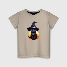 Детская футболка хлопок с принтом Черный кот в шляпе хэллоуин в Тюмени, 100% хлопок | круглый вырез горловины, полуприлегающий силуэт, длина до линии бедер | 