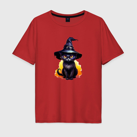 Мужская футболка хлопок Oversize с принтом Черный кот в шляпе хэллоуин в Екатеринбурге, 100% хлопок | свободный крой, круглый ворот, “спинка” длиннее передней части | 