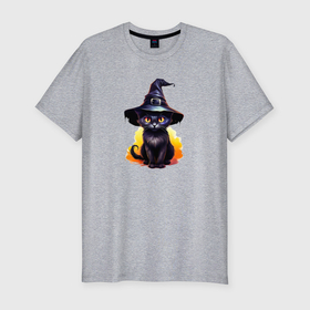 Мужская футболка хлопок Slim с принтом Черный кот в шляпе хэллоуин в Кировске, 92% хлопок, 8% лайкра | приталенный силуэт, круглый вырез ворота, длина до линии бедра, короткий рукав | 