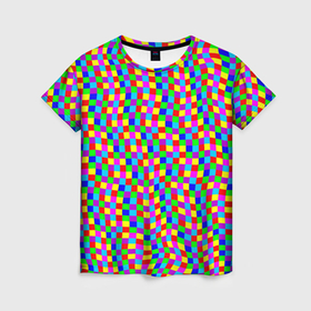 Женская футболка 3D с принтом Цветные клетки искажение , 100% полиэфир ( синтетическое хлопкоподобное полотно) | прямой крой, круглый вырез горловины, длина до линии бедер | 