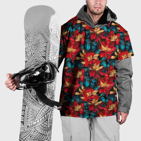 Накидка на куртку 3D с принтом Красные цветы с синими листьями узор , 100% полиэстер |  | Тематика изображения на принте: 
