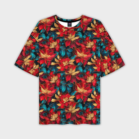 Мужская футболка oversize 3D с принтом Красные цветы с синими листьями узор в Тюмени,  |  | Тематика изображения на принте: 