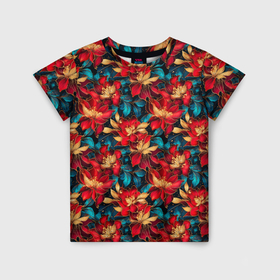 Детская футболка 3D с принтом Красные цветы с синими листьями узор в Кировске, 100% гипоаллергенный полиэфир | прямой крой, круглый вырез горловины, длина до линии бедер, чуть спущенное плечо, ткань немного тянется | 