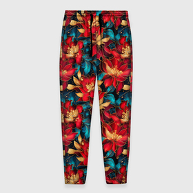 Мужские брюки 3D с принтом Красные цветы с синими листьями узор в Тюмени, 100% полиэстер | манжеты по низу, эластичный пояс регулируется шнурком, по бокам два кармана без застежек, внутренняя часть кармана из мелкой сетки | Тематика изображения на принте: 