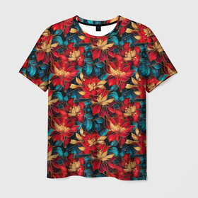 Мужская футболка 3D с принтом Красные цветы с синими листьями узор в Тюмени, 100% полиэфир | прямой крой, круглый вырез горловины, длина до линии бедер | 
