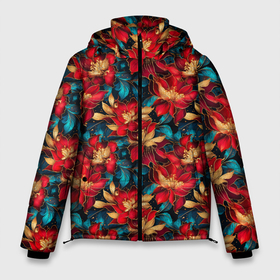 Мужская зимняя куртка 3D с принтом Красные цветы с синими листьями узор в Тюмени, верх — 100% полиэстер; подкладка — 100% полиэстер; утеплитель — 100% полиэстер | длина ниже бедра, свободный силуэт Оверсайз. Есть воротник-стойка, отстегивающийся капюшон и ветрозащитная планка. 

Боковые карманы с листочкой на кнопках и внутренний карман на молнии. | Тематика изображения на принте: 