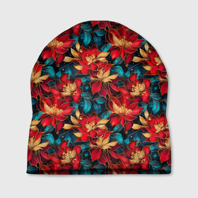 Шапка 3D с принтом Красные цветы с синими листьями узор в Тюмени, 100% полиэстер | универсальный размер, печать по всей поверхности изделия | Тематика изображения на принте: 