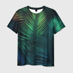 Мужская футболка 3D с принтом Пальмовые листья , 100% полиэфир | прямой крой, круглый вырез горловины, длина до линии бедер | 