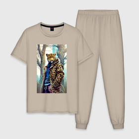 Мужская пижама хлопок с принтом Городской леопард   нейросеть в Санкт-Петербурге, 100% хлопок | брюки и футболка прямого кроя, без карманов, на брюках мягкая резинка на поясе и по низу штанин
 | 