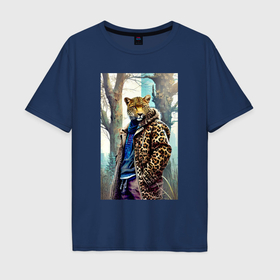 Мужская футболка хлопок Oversize с принтом Городской леопард   нейросеть в Екатеринбурге, 100% хлопок | свободный крой, круглый ворот, “спинка” длиннее передней части | 