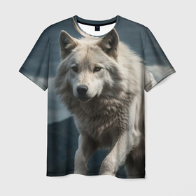 Мужская футболка 3D с принтом Белый волк вожак стаи в Новосибирске, 100% полиэфир | прямой крой, круглый вырез горловины, длина до линии бедер | Тематика изображения на принте: 