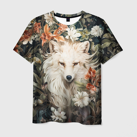 Мужская футболка 3D с принтом Белая лисица в кустах цветов , 100% полиэфир | прямой крой, круглый вырез горловины, длина до линии бедер | 