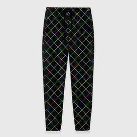 Мужские брюки 3D с принтом Разноцветные линии на черном в Курске, 100% полиэстер | манжеты по низу, эластичный пояс регулируется шнурком, по бокам два кармана без застежек, внутренняя часть кармана из мелкой сетки | 
