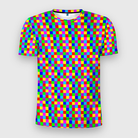 Мужская футболка 3D Slim с принтом Разноцветные маленькие квадраты в Тюмени, 100% полиэстер с улучшенными характеристиками | приталенный силуэт, круглая горловина, широкие плечи, сужается к линии бедра | 