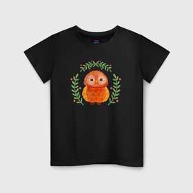 Детская футболка хлопок с принтом Осенняя совушка в Тюмени, 100% хлопок | круглый вырез горловины, полуприлегающий силуэт, длина до линии бедер | Тематика изображения на принте: 