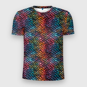 Мужская футболка 3D Slim с принтом Разноцветная чешуя дракона в Тюмени, 100% полиэстер с улучшенными характеристиками | приталенный силуэт, круглая горловина, широкие плечи, сужается к линии бедра | 