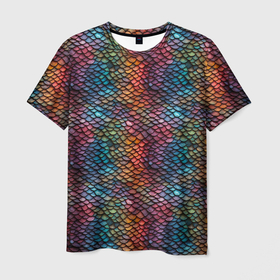 Мужская футболка 3D с принтом Разноцветная чешуя дракона в Екатеринбурге, 100% полиэфир | прямой крой, круглый вырез горловины, длина до линии бедер | 