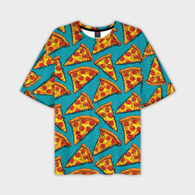 Мужская футболка oversize 3D с принтом Кусочки пиццы на синем фоне в Новосибирске,  |  | 