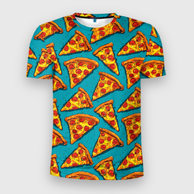 Мужская футболка 3D Slim с принтом Кусочки пиццы на синем фоне в Новосибирске, 100% полиэстер с улучшенными характеристиками | приталенный силуэт, круглая горловина, широкие плечи, сужается к линии бедра | 