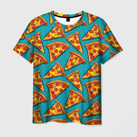 Мужская футболка 3D с принтом Кусочки пиццы на синем фоне в Новосибирске, 100% полиэфир | прямой крой, круглый вырез горловины, длина до линии бедер | Тематика изображения на принте: 