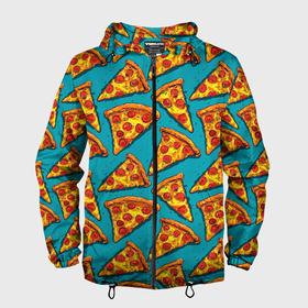 Мужская ветровка 3D с принтом Кусочки пиццы на синем фоне в Кировске, 100% полиэстер | подол и капюшон оформлены резинкой с фиксаторами, два кармана без застежек по бокам, один потайной карман на груди | 