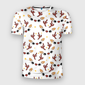 Мужская футболка 3D Slim с принтом оленьи мордочки новогодний узор в Санкт-Петербурге, 100% полиэстер с улучшенными характеристиками | приталенный силуэт, круглая горловина, широкие плечи, сужается к линии бедра | 
