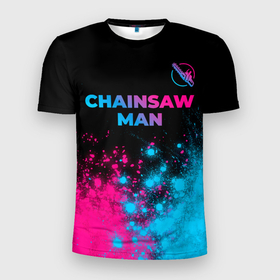 Мужская футболка 3D Slim с принтом Chainsaw Man   neon gradient: символ сверху в Курске, 100% полиэстер с улучшенными характеристиками | приталенный силуэт, круглая горловина, широкие плечи, сужается к линии бедра | 