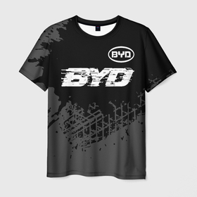 Мужская футболка 3D с принтом BYD speed на темном фоне со следами шин: символ сверху в Курске, 100% полиэфир | прямой крой, круглый вырез горловины, длина до линии бедер | 
