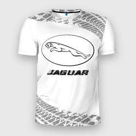 Мужская футболка 3D Slim с принтом Jaguar speed на светлом фоне со следами шин , 100% полиэстер с улучшенными характеристиками | приталенный силуэт, круглая горловина, широкие плечи, сужается к линии бедра | 