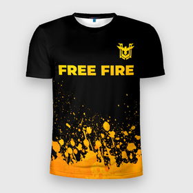 Мужская футболка 3D Slim с принтом Free Fire   gold gradient: символ сверху в Петрозаводске, 100% полиэстер с улучшенными характеристиками | приталенный силуэт, круглая горловина, широкие плечи, сужается к линии бедра | 
