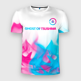Мужская футболка 3D Slim с принтом Ghost of Tsushima neon gradient style: символ сверху в Тюмени, 100% полиэстер с улучшенными характеристиками | приталенный силуэт, круглая горловина, широкие плечи, сужается к линии бедра | 