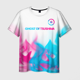 Мужская футболка 3D с принтом Ghost of Tsushima neon gradient style: символ сверху в Кировске, 100% полиэфир | прямой крой, круглый вырез горловины, длина до линии бедер | 