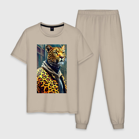 Мужская пижама хлопок с принтом Крутой леопард житель мегаполиса в Санкт-Петербурге, 100% хлопок | брюки и футболка прямого кроя, без карманов, на брюках мягкая резинка на поясе и по низу штанин
 | 