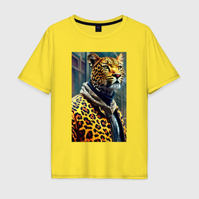 Мужская футболка хлопок Oversize с принтом Крутой леопард житель мегаполиса в Екатеринбурге, 100% хлопок | свободный крой, круглый ворот, “спинка” длиннее передней части | 