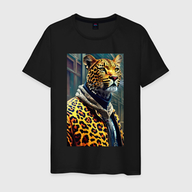 Мужская футболка хлопок с принтом Крутой леопард житель мегаполиса в Кировске, 100% хлопок | прямой крой, круглый вырез горловины, длина до линии бедер, слегка спущенное плечо. | 