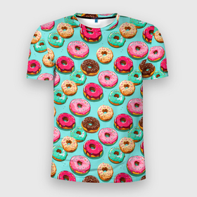 Мужская футболка 3D Slim с принтом Разноцветные пончики паттерн в Тюмени, 100% полиэстер с улучшенными характеристиками | приталенный силуэт, круглая горловина, широкие плечи, сужается к линии бедра | 