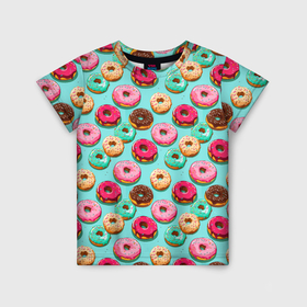 Детская футболка 3D с принтом Разноцветные пончики паттерн в Екатеринбурге, 100% гипоаллергенный полиэфир | прямой крой, круглый вырез горловины, длина до линии бедер, чуть спущенное плечо, ткань немного тянется | 