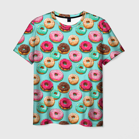 Мужская футболка 3D с принтом Разноцветные пончики паттерн в Тюмени, 100% полиэфир | прямой крой, круглый вырез горловины, длина до линии бедер | 