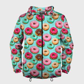 Мужская ветровка 3D с принтом Разноцветные пончики паттерн в Тюмени, 100% полиэстер | подол и капюшон оформлены резинкой с фиксаторами, два кармана без застежек по бокам, один потайной карман на груди | 