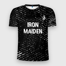 Мужская футболка 3D Slim с принтом Iron Maiden glitch на темном фоне: символ сверху в Санкт-Петербурге, 100% полиэстер с улучшенными характеристиками | приталенный силуэт, круглая горловина, широкие плечи, сужается к линии бедра | 